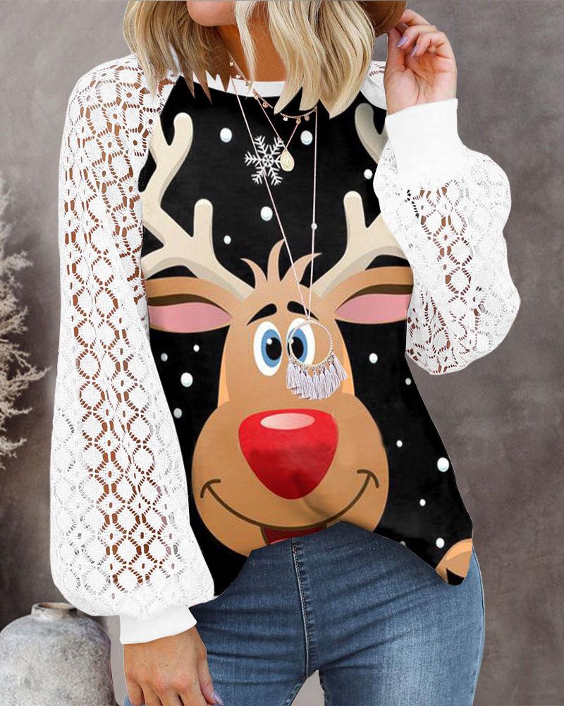 

Christmas Snowflake Elk Print Contrast Lace Lantern Sleeve Top, Black