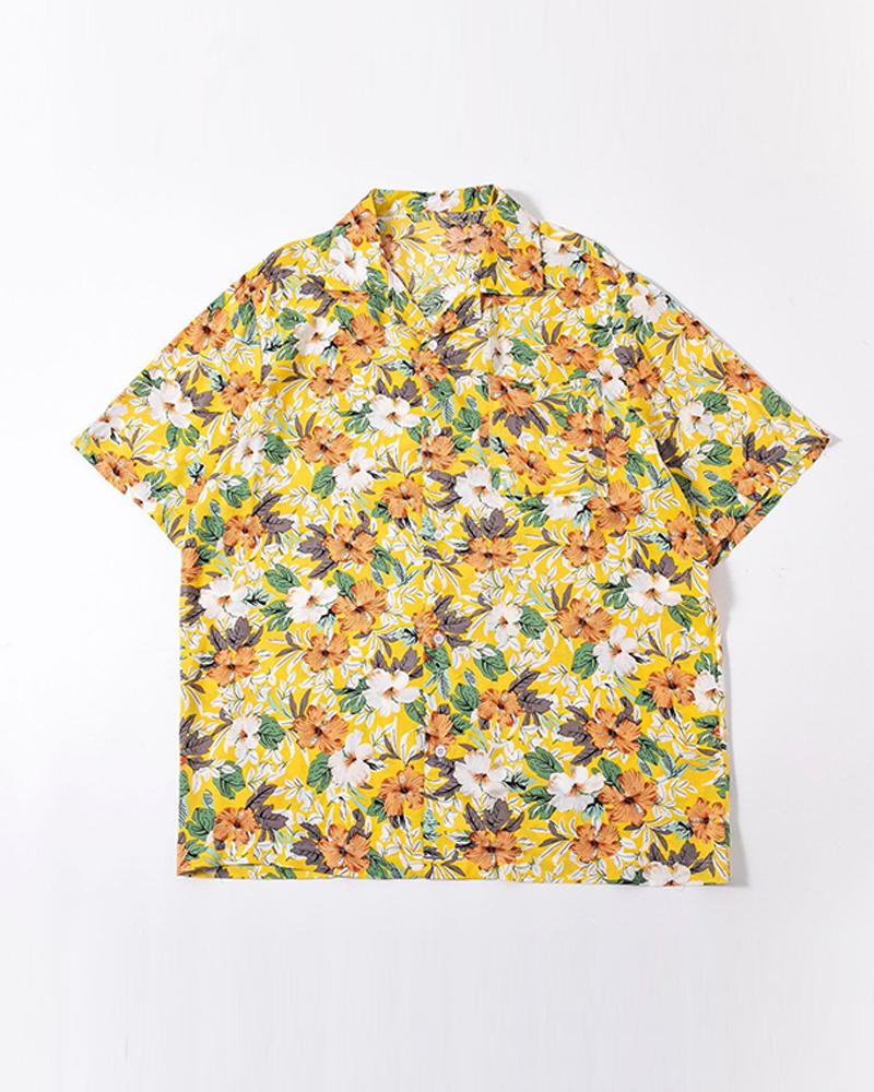 

Floral Print Short Sleeve Button-up Shirts, Yellow