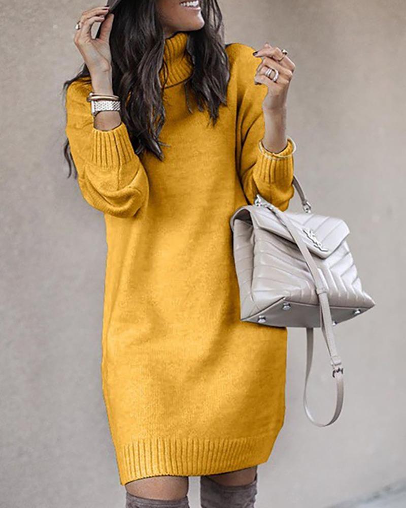 

High Neck Plain Long Sleeve Knit Sweater Dress, Yellow