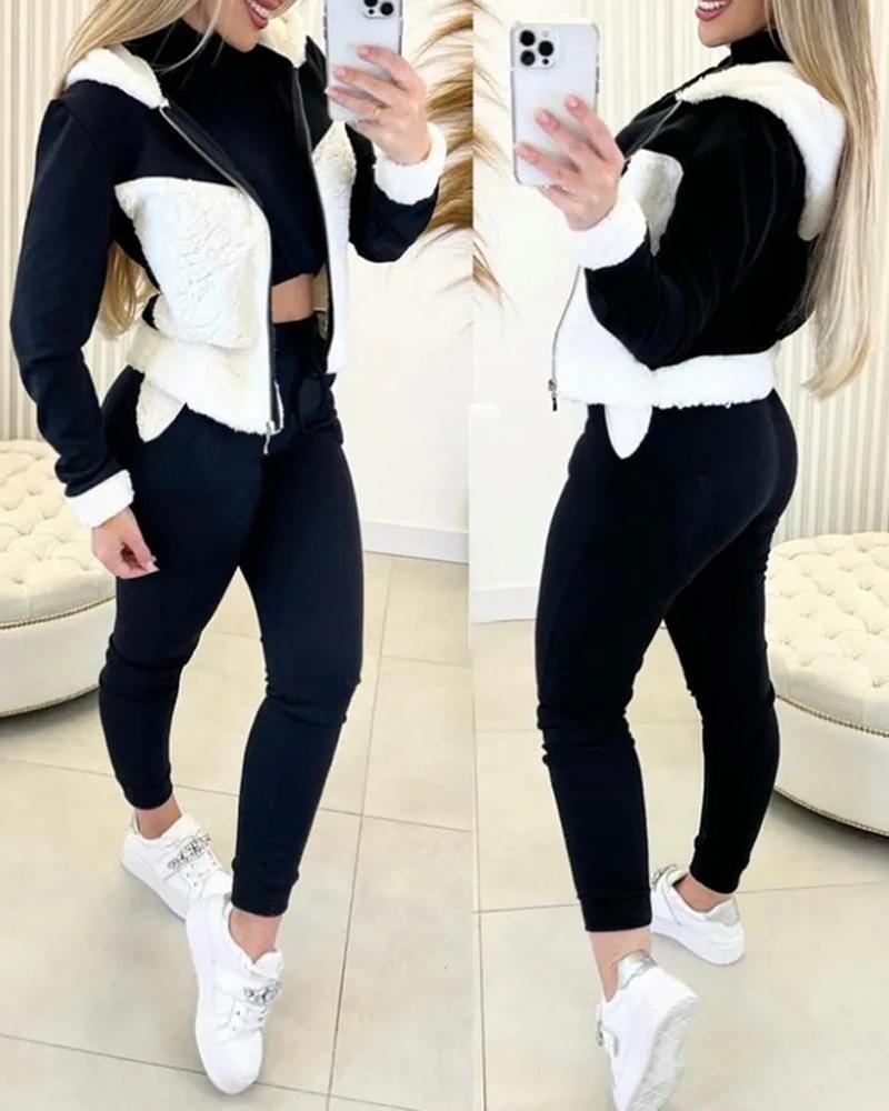 

Colorblock Fuzzy Hooded Top & Pocket Design Pants Set, Black