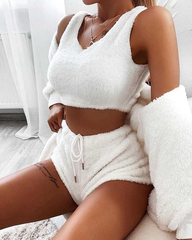 

Fluffy Crop Tank Top & Drawstring Shorts With Coat Set, White