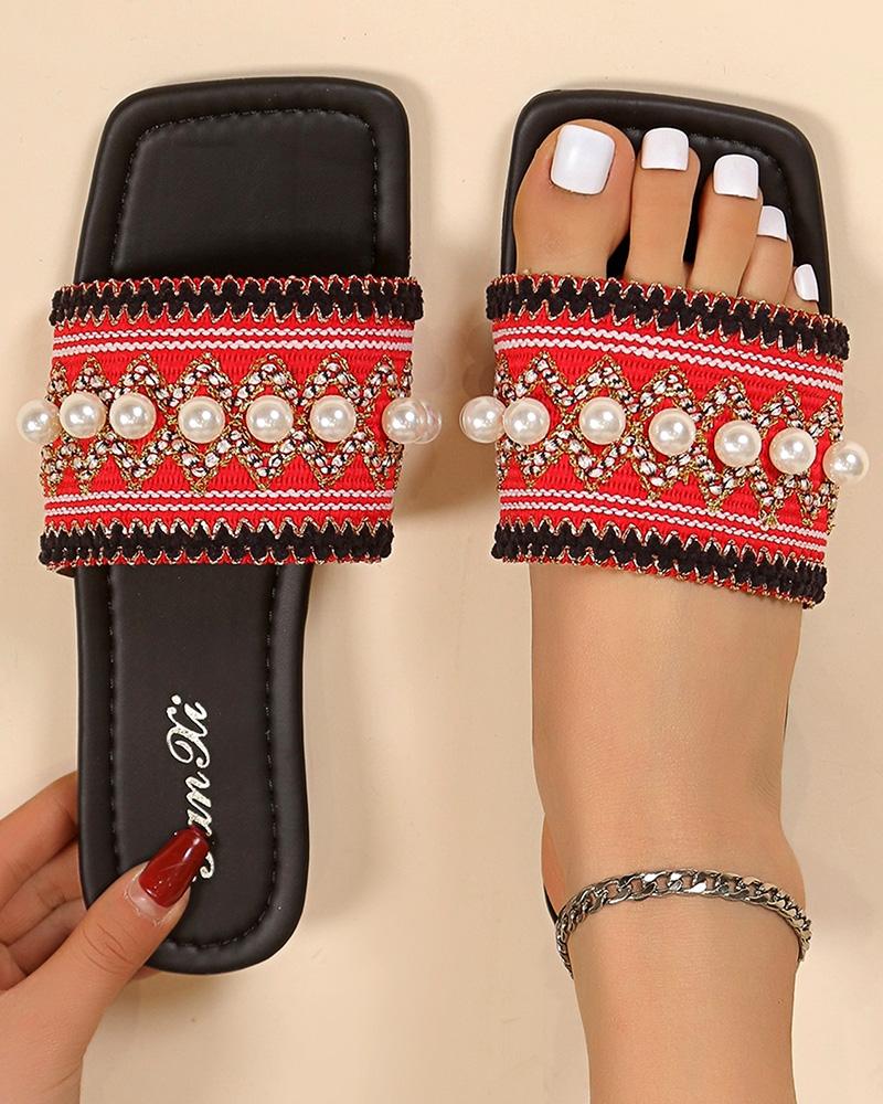 

Faux Pearl Decor Tribal Bohemian Beach Slippers, Red