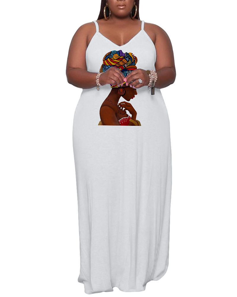 

Plus Size Figure Print Spaghetti Strap Maxi Dress, White