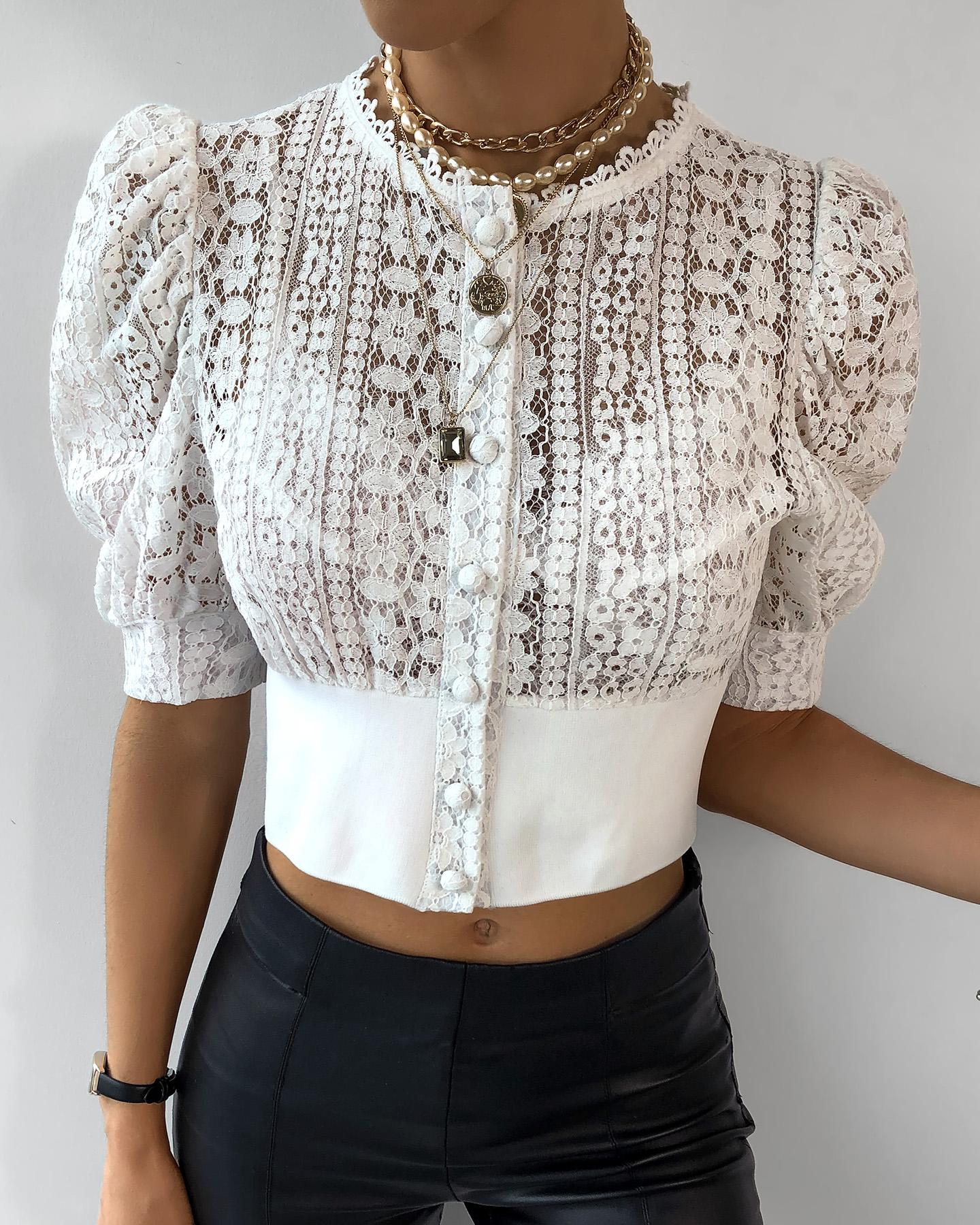 

Sheer Mesh Buttoned Lace Short Sleeve Blouse, White