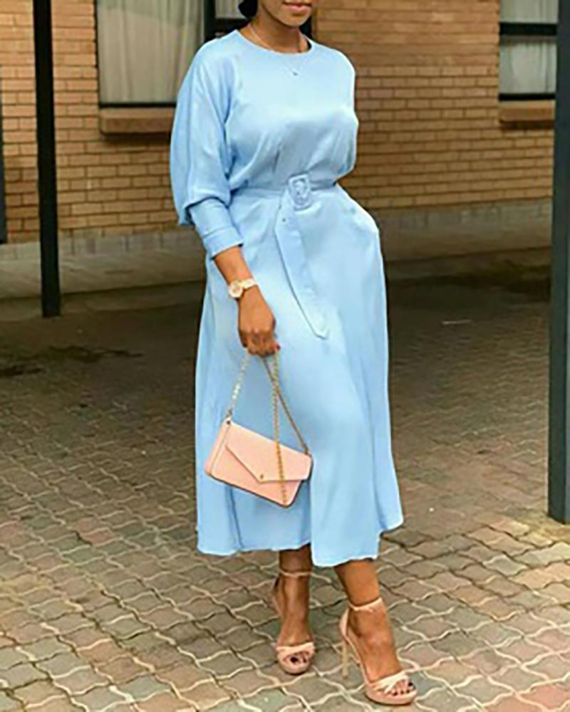 

Long Sleeve O Neck Ruched Casual Dress, Blue