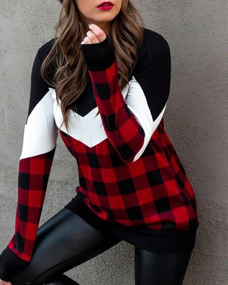 

Plaid Print Colorblock Casual Sweatshirt, Red
