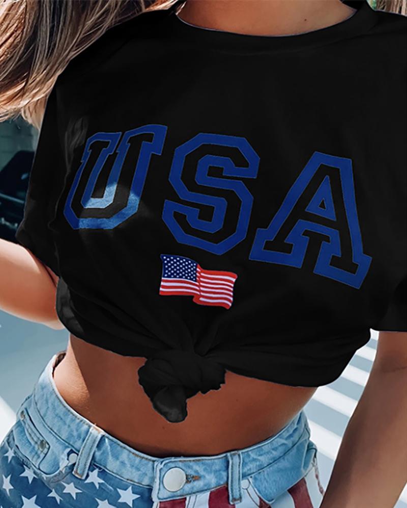 

Letter Flag Print O Neck Casual T-Shirt, Black