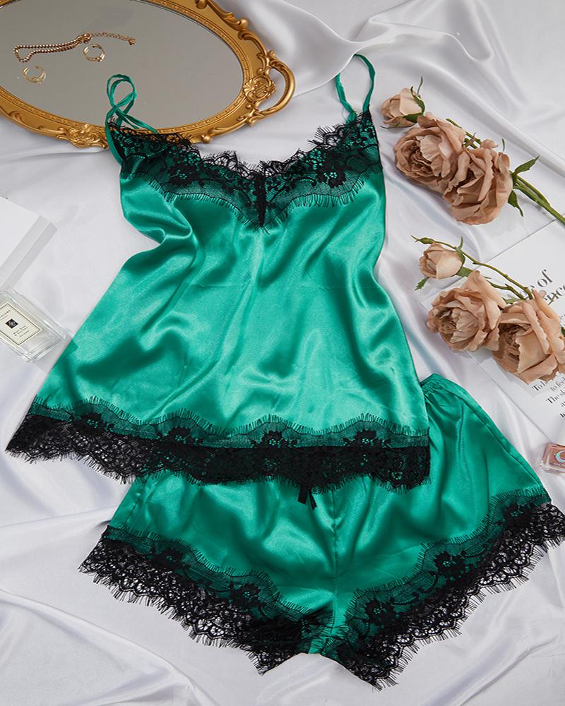 

Satin Eyelash Crochet Lace Bowknot Decor Cami Set, Green