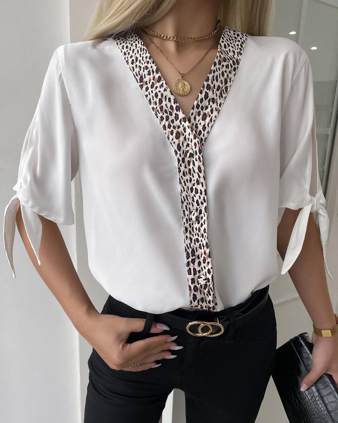 

Leopard Print V-neck Tied Detail Top, White