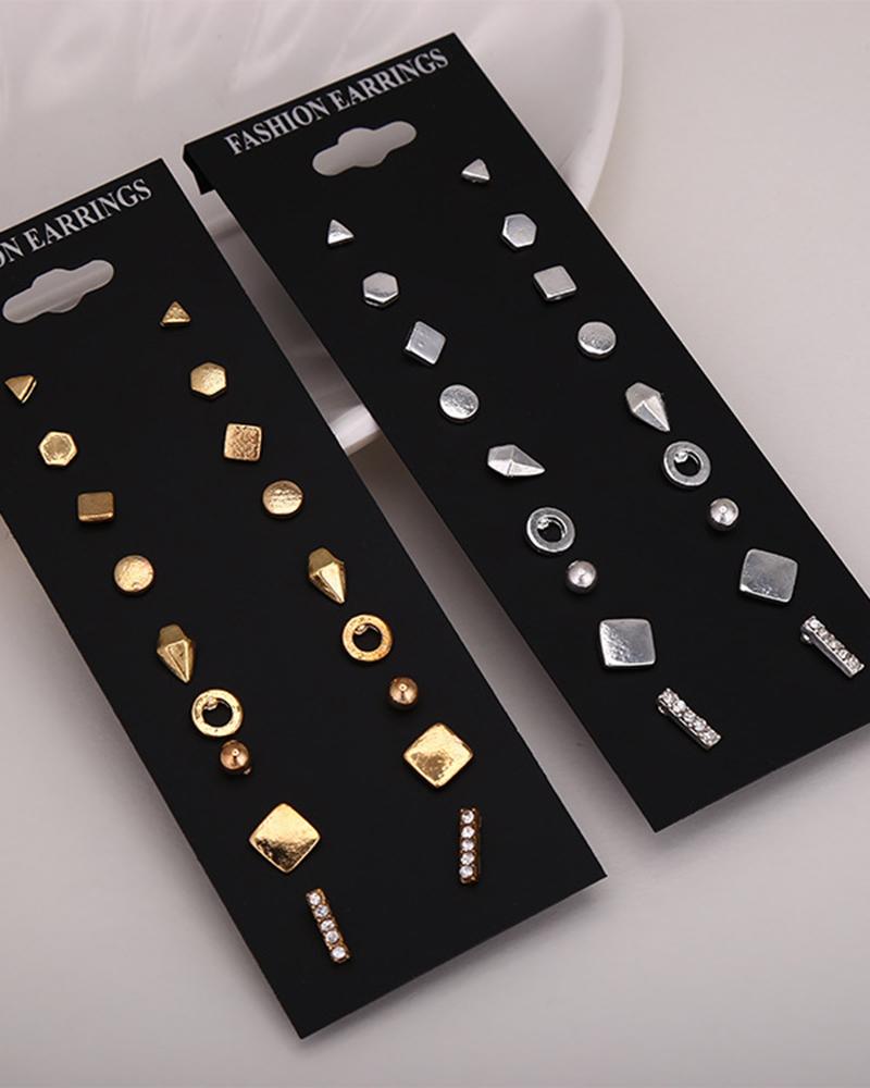 

9Pairs Mother's Day Gift Geometric Rhinestone Simple Stud Earrings Set, Gold