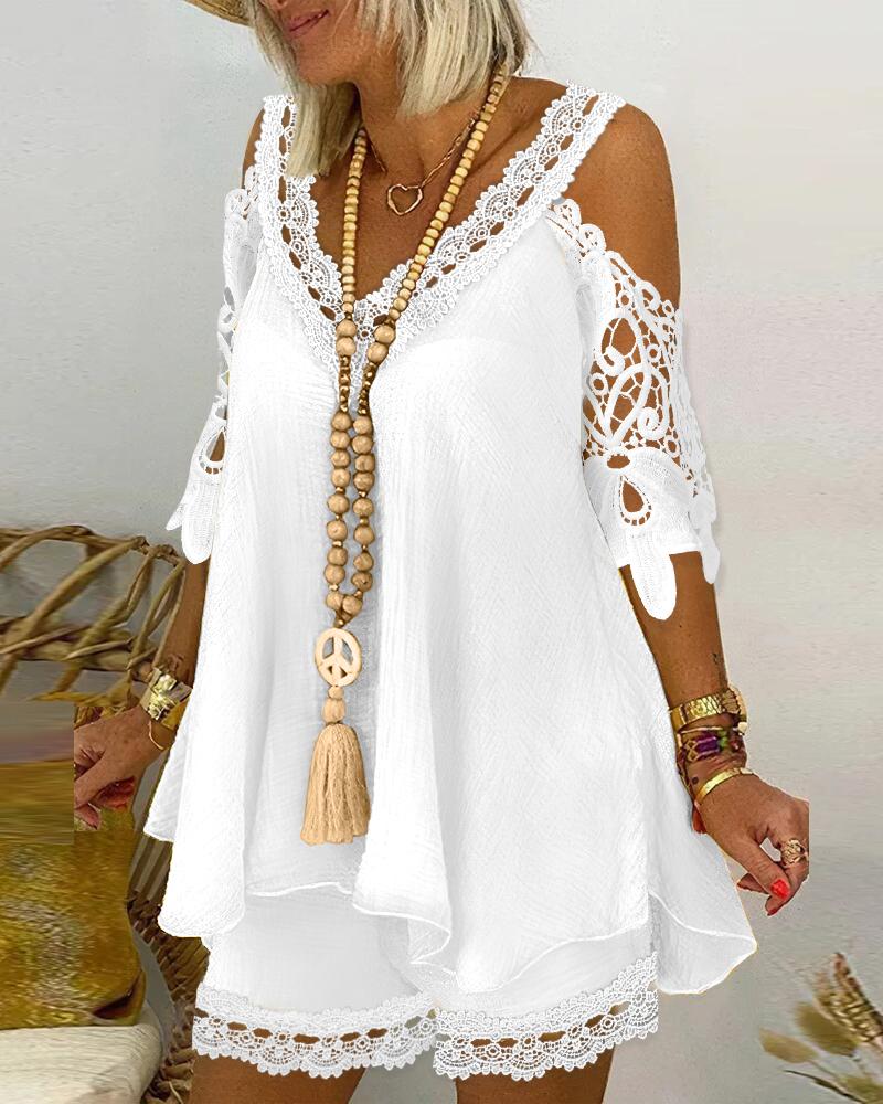 

Contrast Lace Cold Shoulder Flowy Top & Shorts Set, White