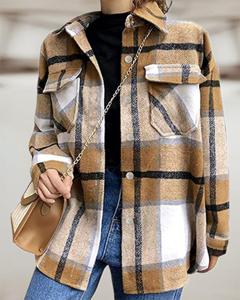 

Long Sleeve Plaid Print Pocket Design Shacket, Khaki