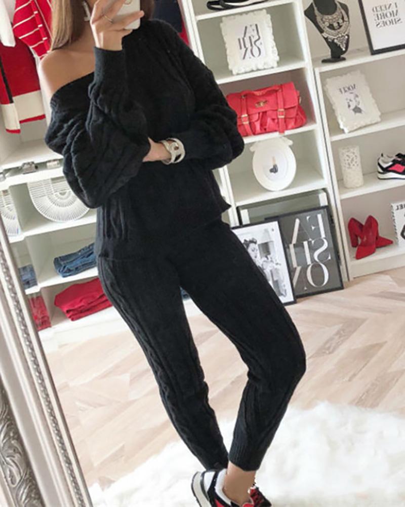

Knit Long Sleeve Braided Sweater & Pants Set, Black