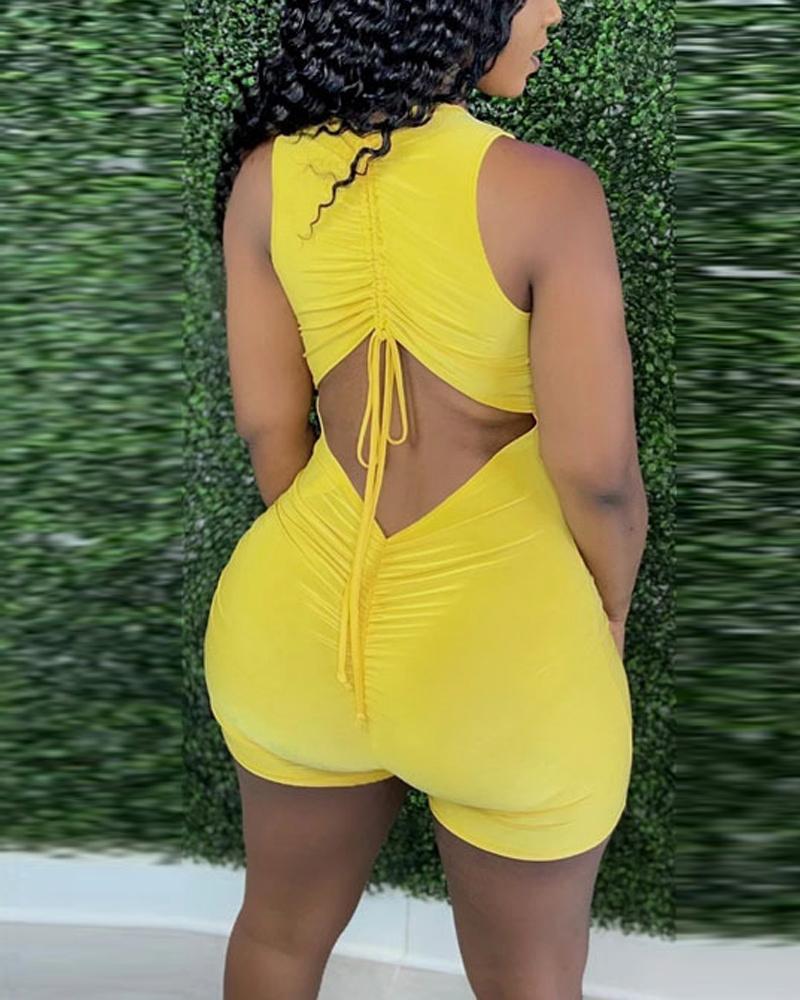 

Drawstring Ruched Cutout Back Sleeveless Romper, Yellow
