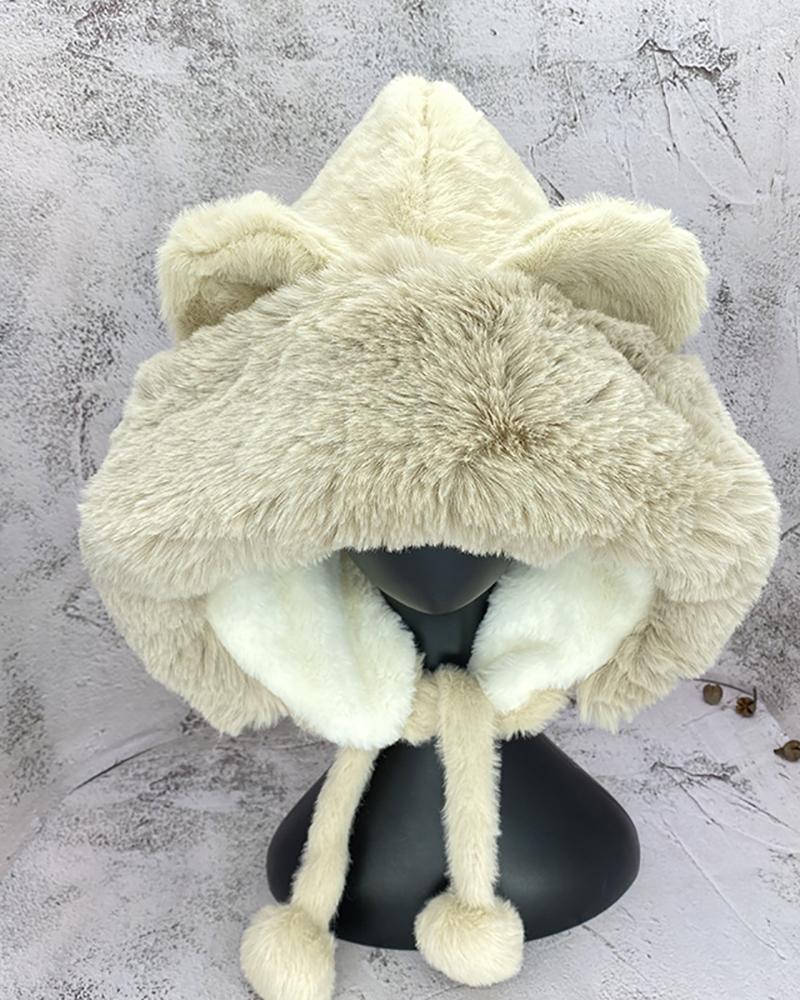 

Ear Protection Pom Pom Decor Fluffy Lei Feng Hat, Beige