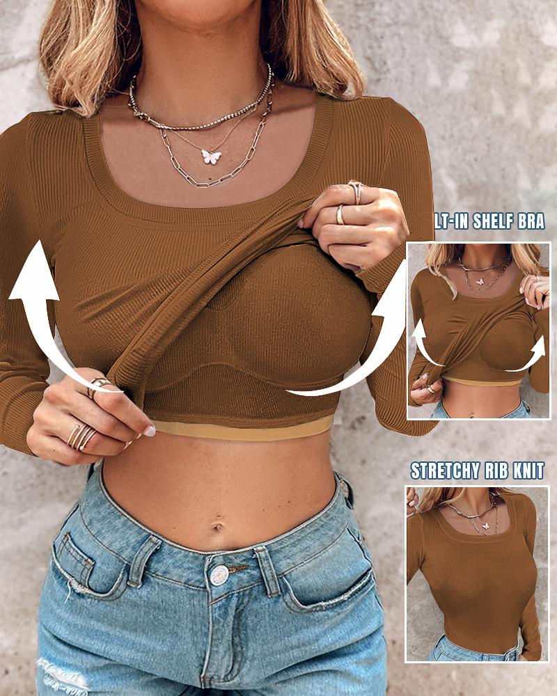 

Haut côtelé à manches longues et col en U avec soutien-gorge intégré ChicMe, Coffee