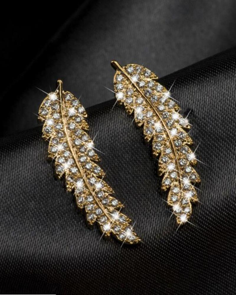 

1Pair Full Rhinestone Feather Shaped Earrings, Gold