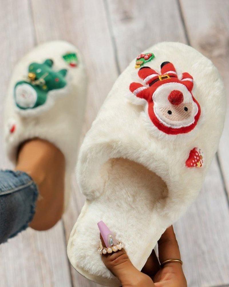 

Christmas Cartoon Santa Pattern Fuzzy Slippers, Beige