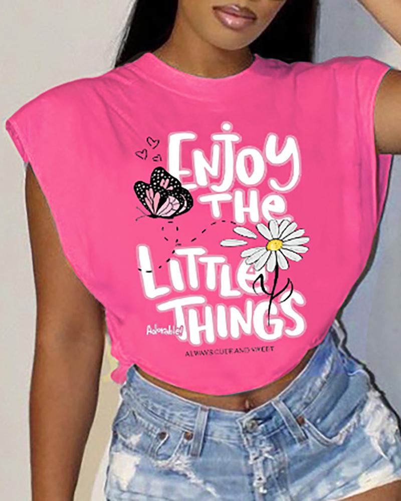 

Butterfly Letter Print Cap Sleeve T-shirt, Hot pink