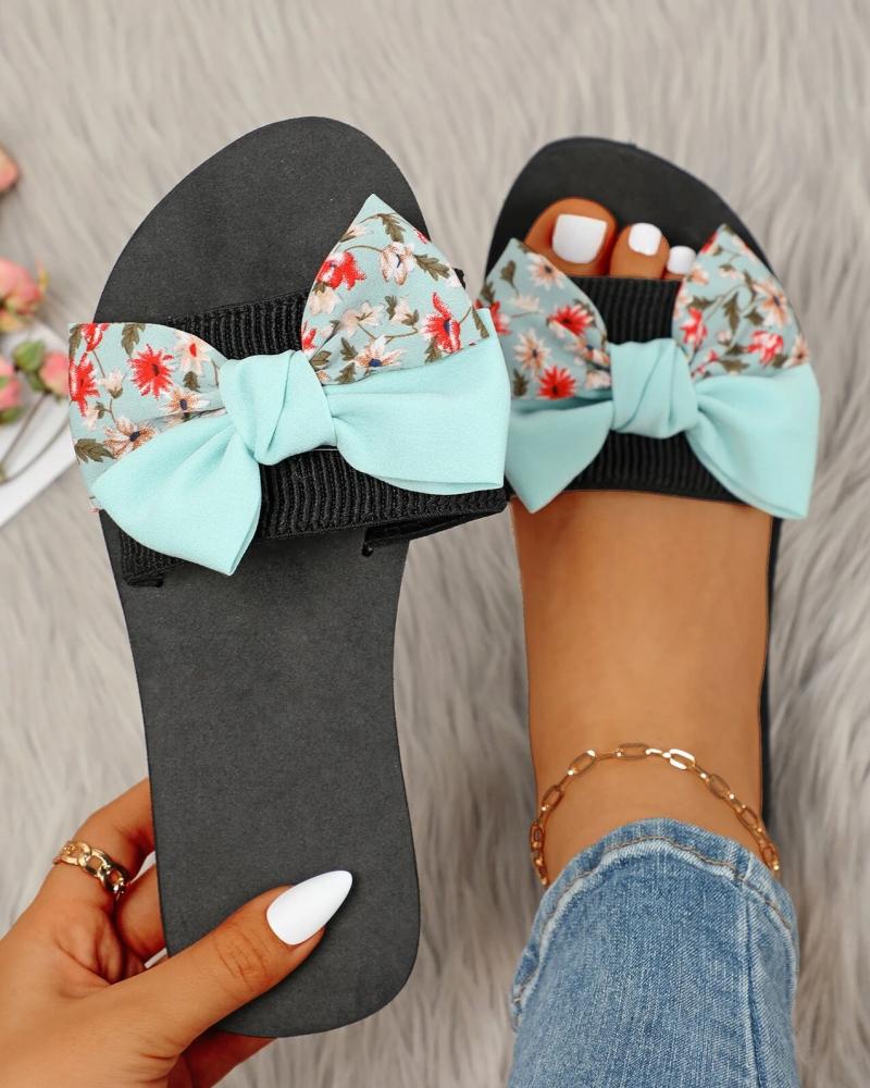 

Floral Print Bowknot Design One Strap Slippers, Multicolor