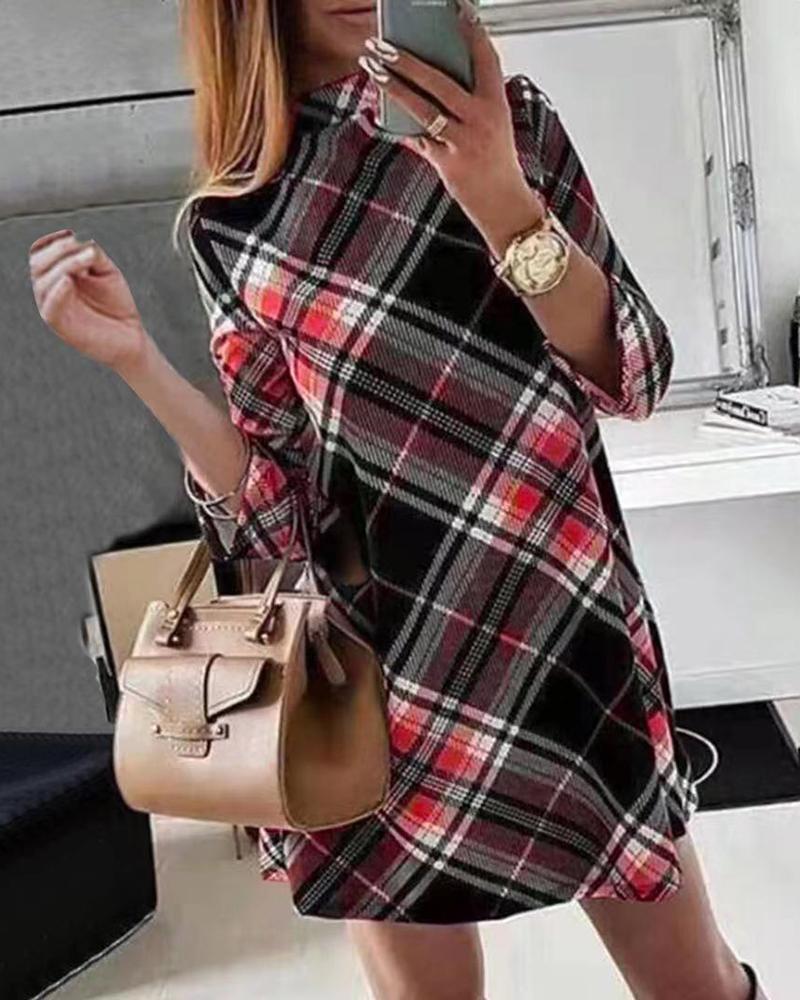 

Plaid Print Mock Neck Long Sleeve Casual Dress, Red