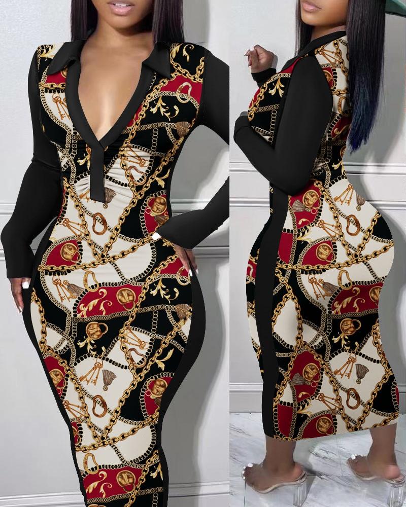 

Scarf Chain Print Long Sleeve Ruched Bodycon Dress, Black