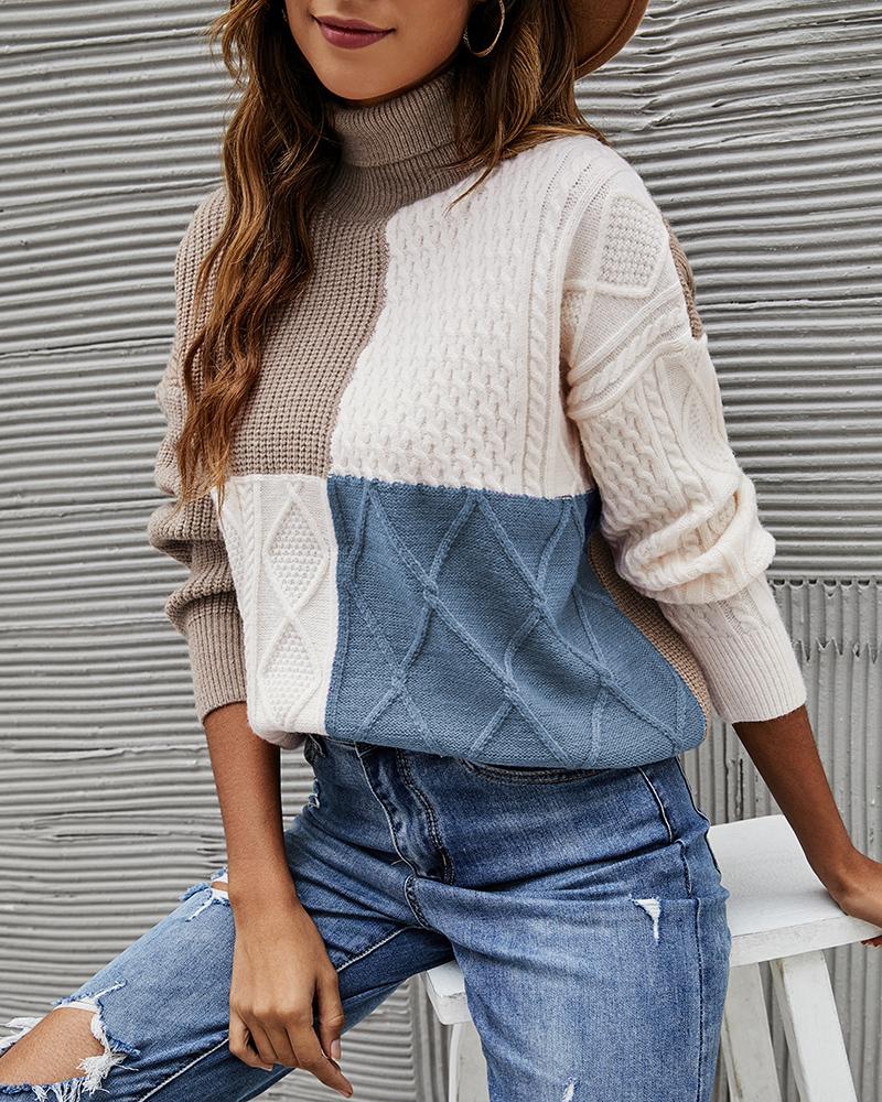 

High Neck Colorblock Knit Sweater, Blue