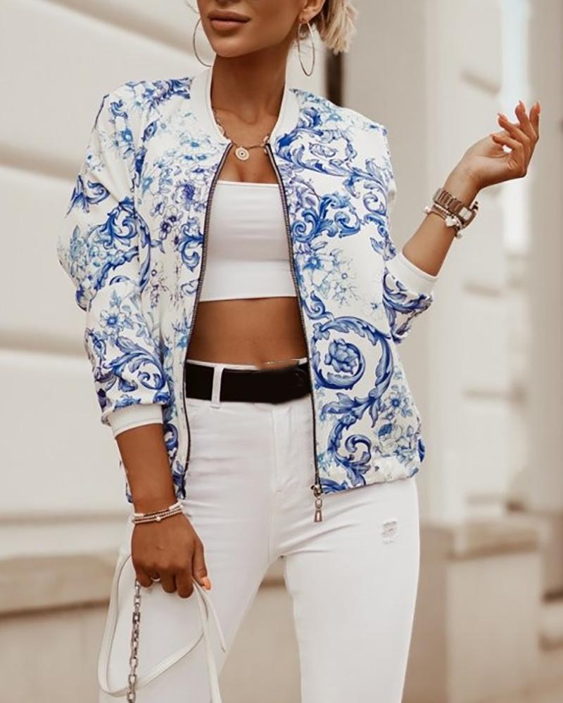 

Colorblock/Floral/Leaf Print Zipper Decor Coat, Blue