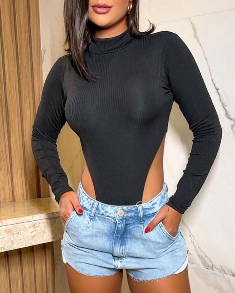 

Ribbed Long Sleeve High Cut Skinny Bodysuit, Black