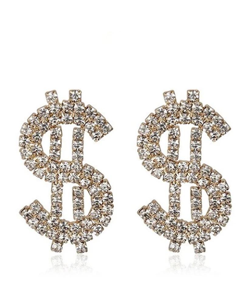 

Dollar Pattern Rhinestone Earrings, Gold