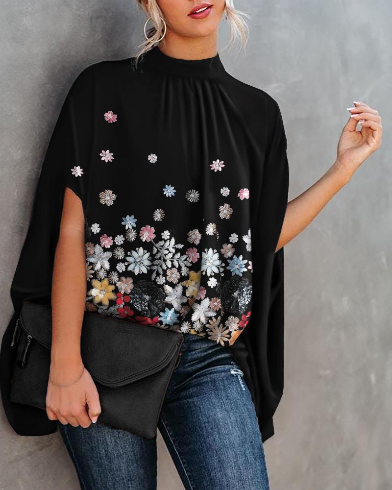 

Floral Print Batwing Sleeve Cape Design Top, Black