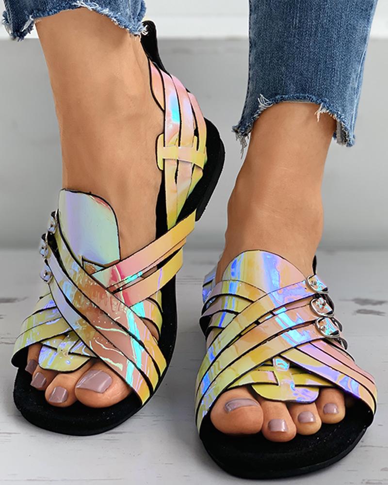 

Eyelet Buckled Bandage Colorblock Flat Sandals, Multicolor