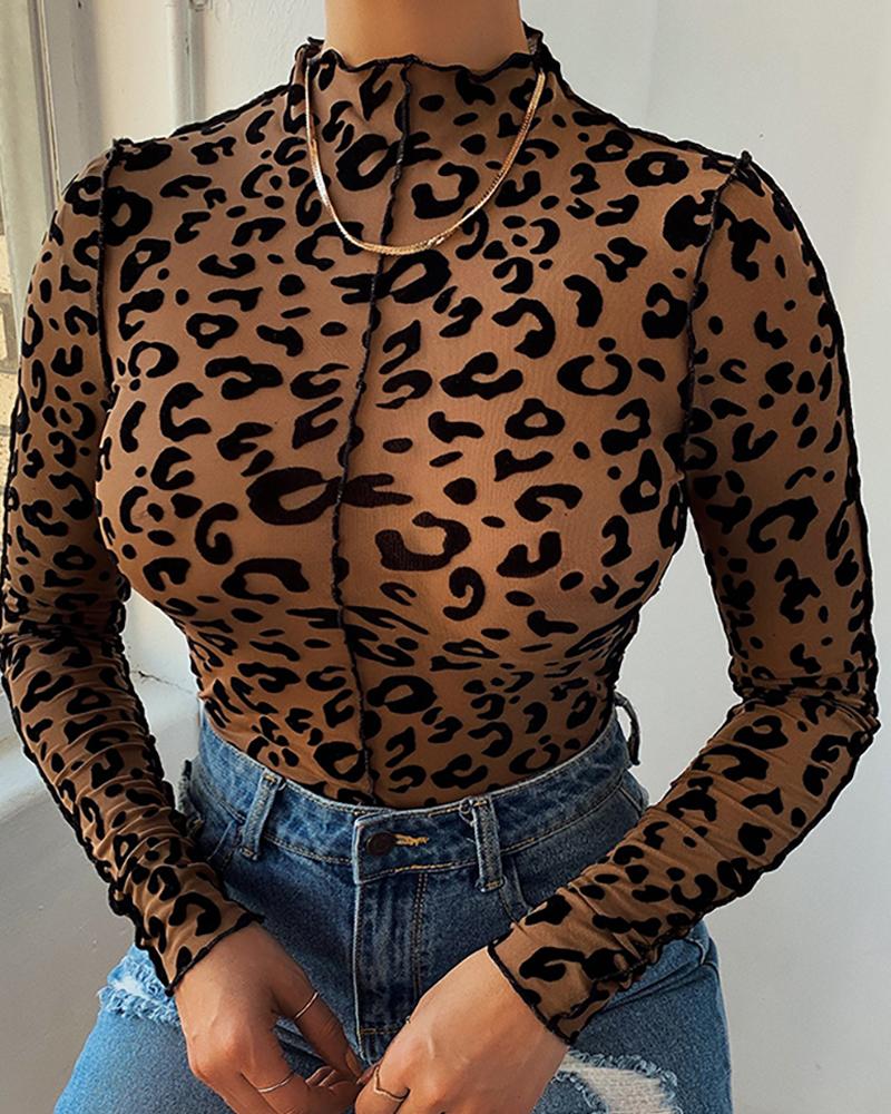 

Leopard Print Long Sleeve Blouse, Brown