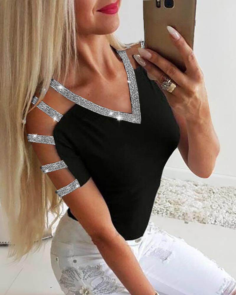 

Glitter Strap Ladder Cutout Sleeve Casual Top, Black