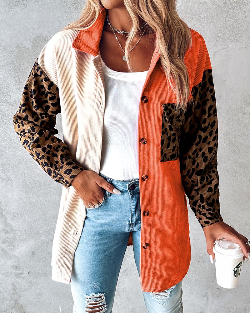 

Colorblock Leopard Print Corduroy Shacket, Orange