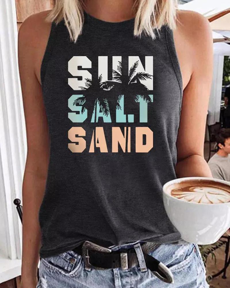 

Sun Salt Sand Coconut Tree Print Casual Tank Top, Dark grey