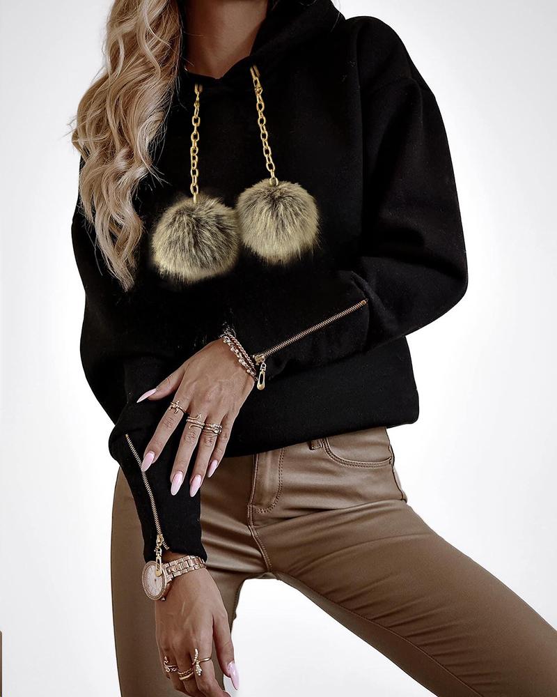 

Sweat à capuche zippé à manches longues et décor de pompons, Black