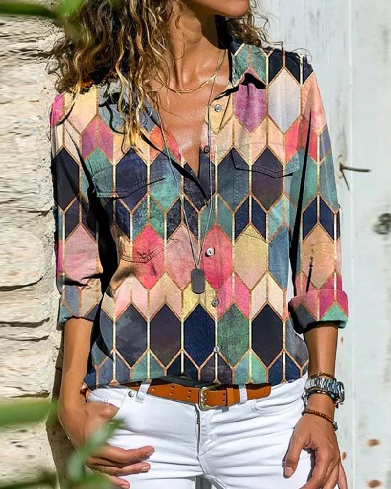 

Geo Print Colorblock Long Sleeve Shirt, Pink
