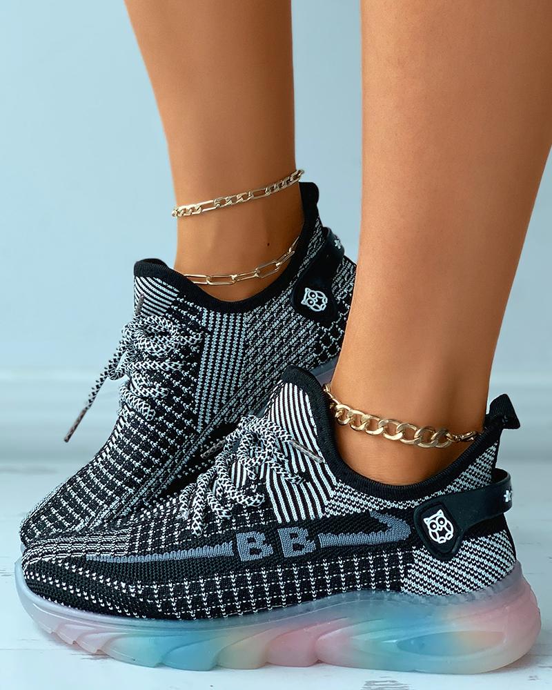 

Lace-up Colorblock Breathable Sporty Knit Sneakers, Black