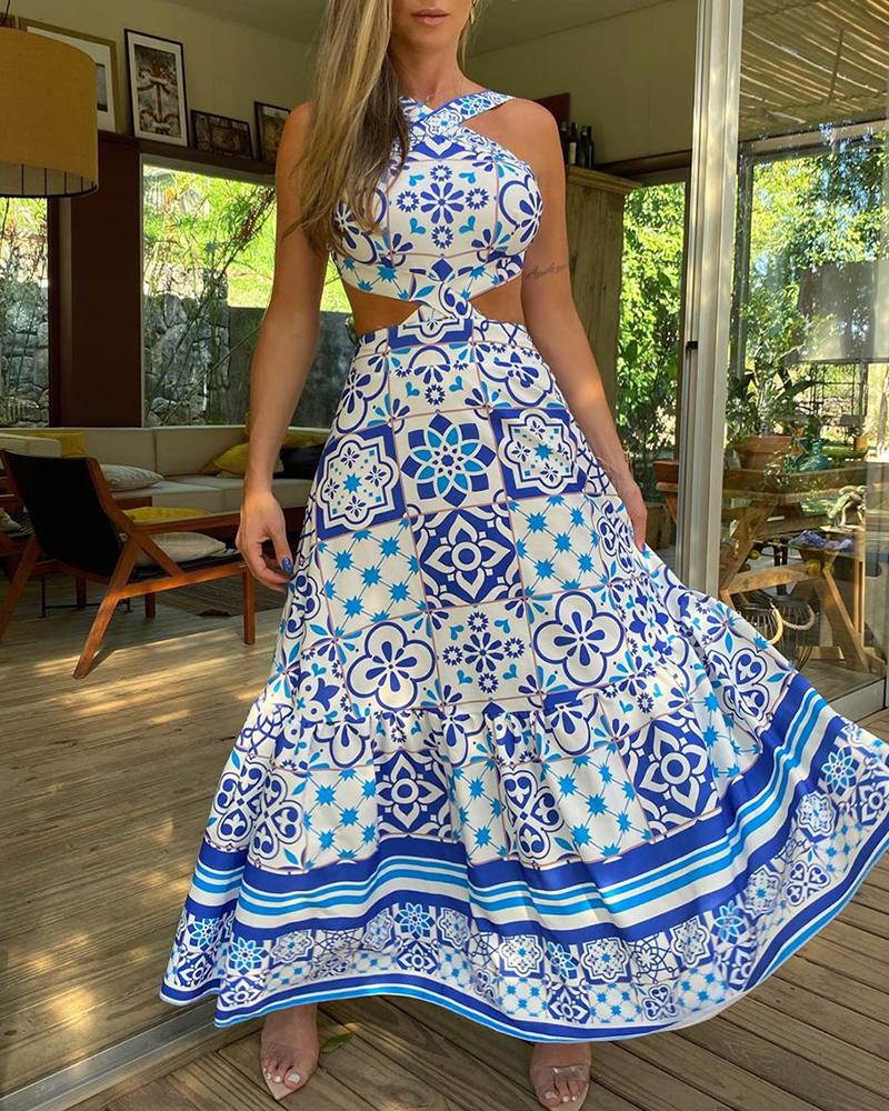 

Halter Moroccan Print Cutout Maxi Dress, Blue