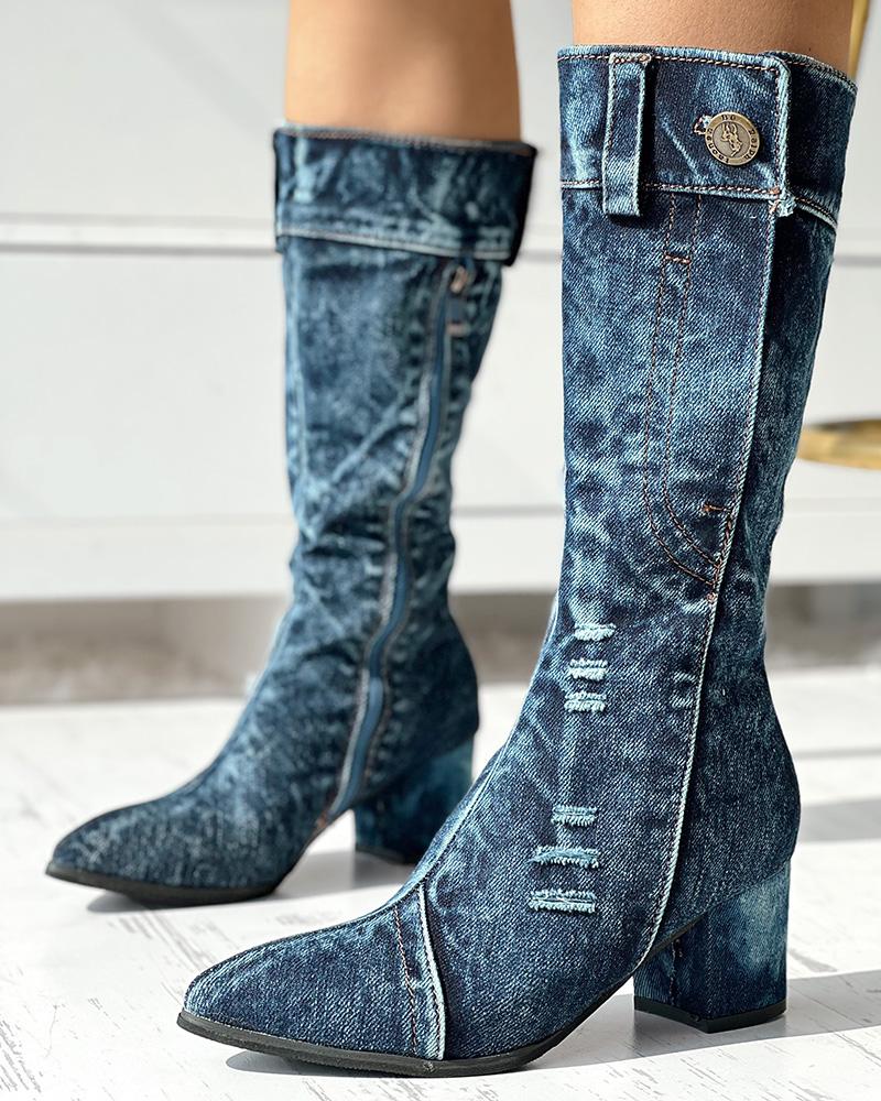 

Denim Side Zipper Chunky Boots, Blue