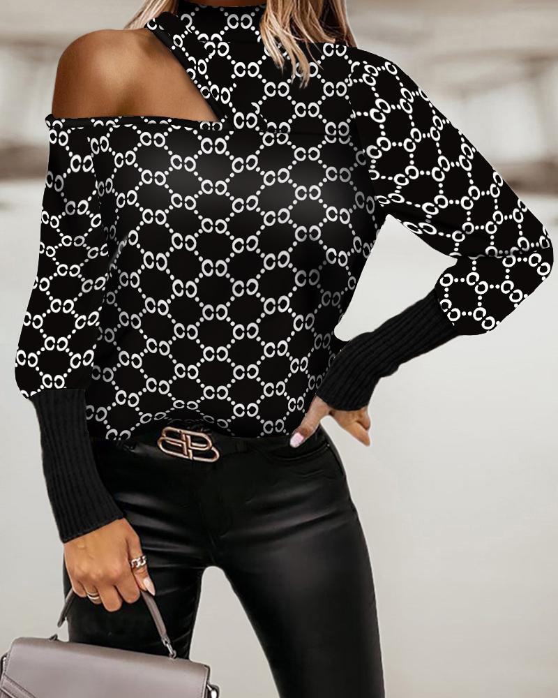 

Geometric Print Cold Shoulder Top, Black