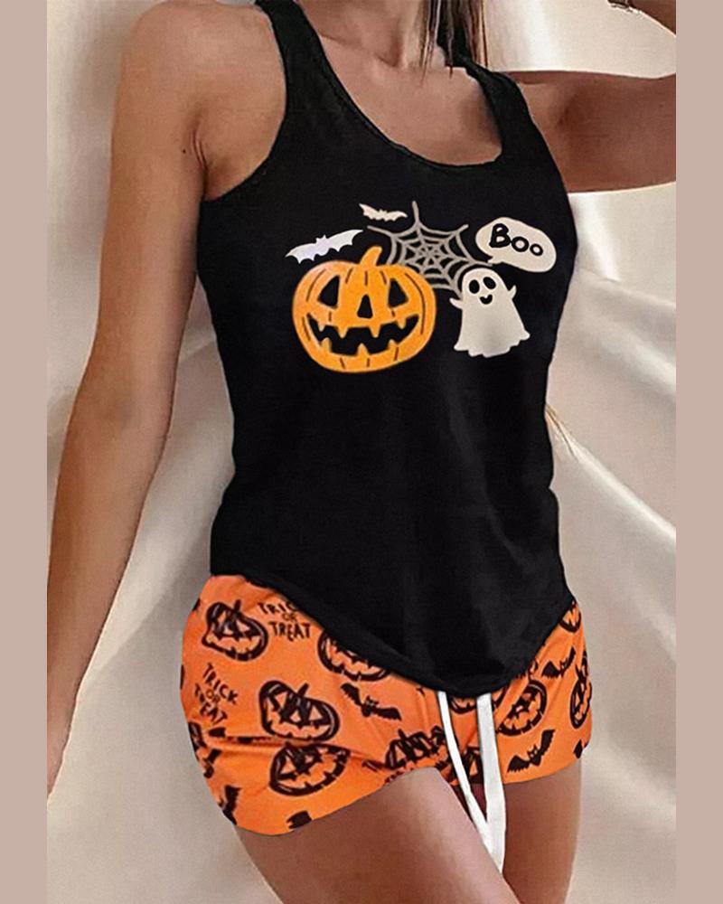 

Halloween Pumpkin Ghost Drawstring Pajamas Set, Yellow