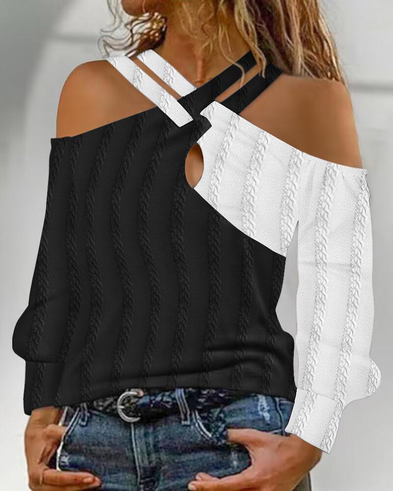 

Colorblock Crisscross Cold Shoulder Textured Top, White