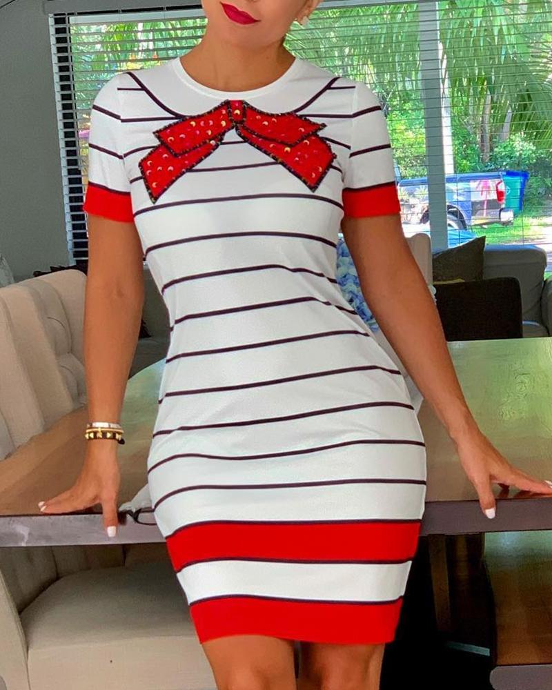 

Striped Bowknot Print Short Sleeve T-shirt Dress, Red