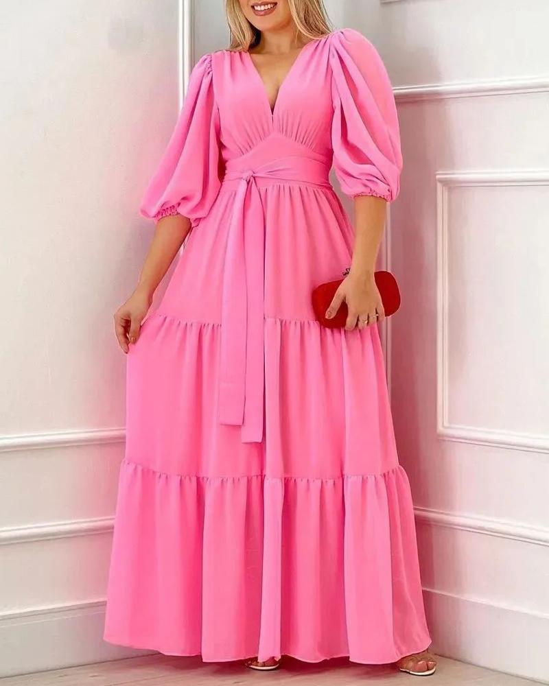 

Puff Sleeve Deep V-Neck Maxi Dress, Pink
