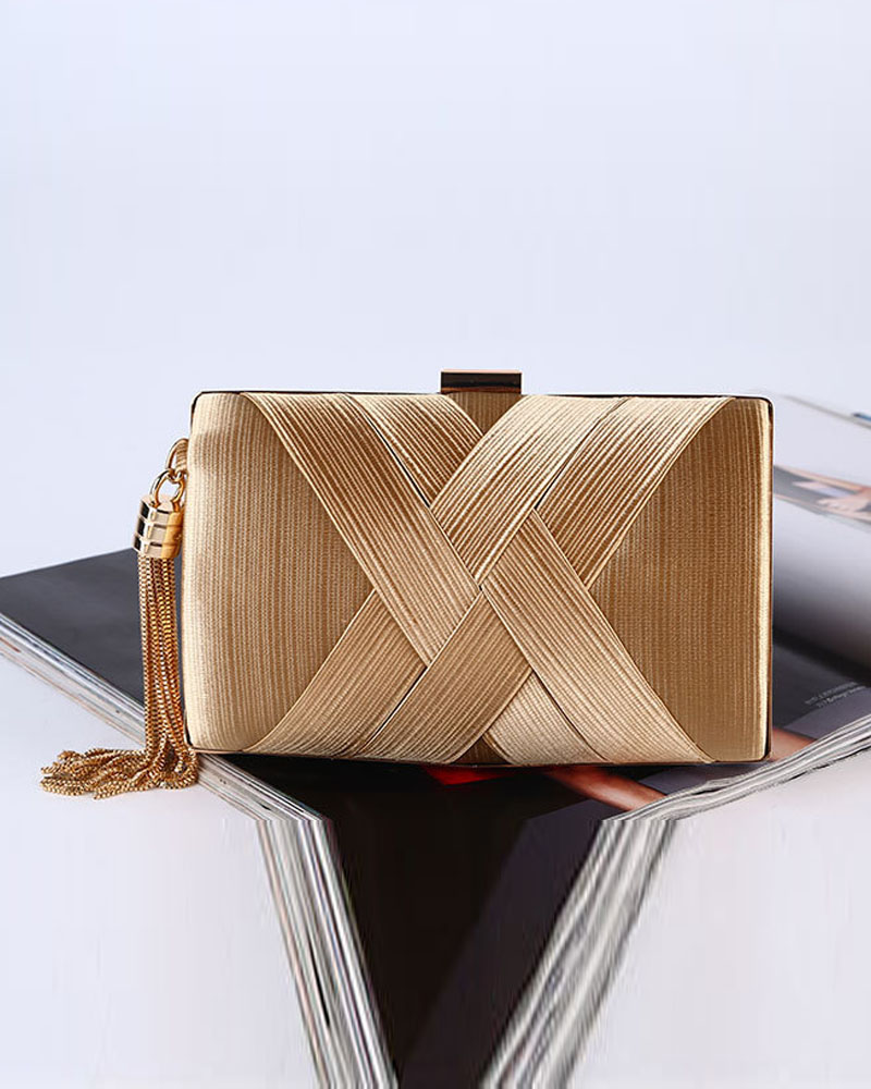 

Criss Cross Tassel Detail Clutch Bag With Chain Shoulder, Gold