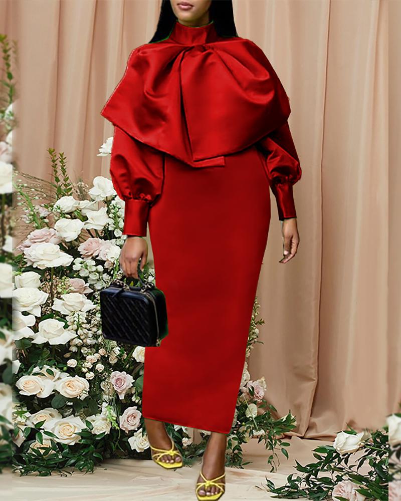 

Bowknot Decor Lantern Sleeve Evening Dress, Red