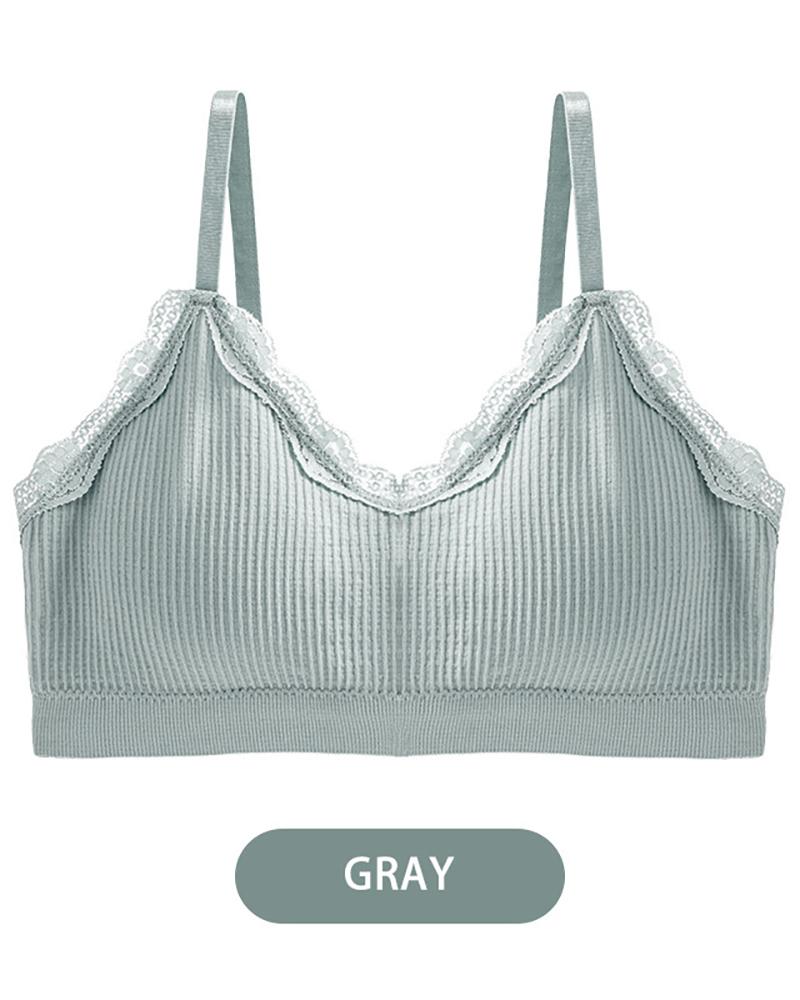 

Lace Trim V-Neck Textured Bra, Gray