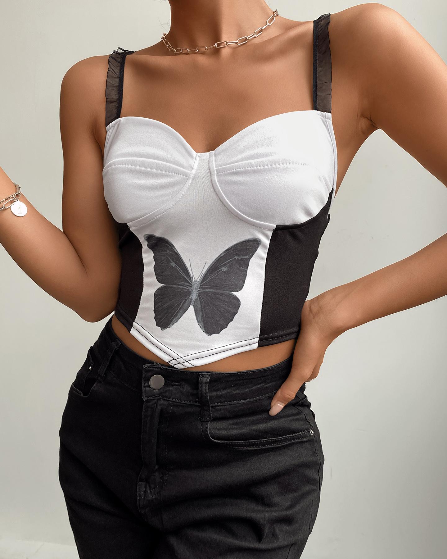 

Butterfly Print Colorblock Mesh Strap Crop Top, Style1